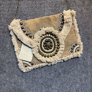 Labellum Hillary Scott Fringe Beaded Metal Accented Envelope Brass Chain Strap